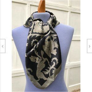 Bold Black & Silver Bird Pattern Square Scarf Vintage Sears Hair Bandana 31"